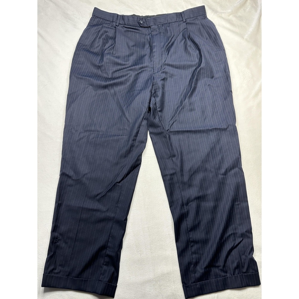 Pronto-Uomo Couture Dress Pants Mens 46 Navy Blue Wool Pinstripe Pleated